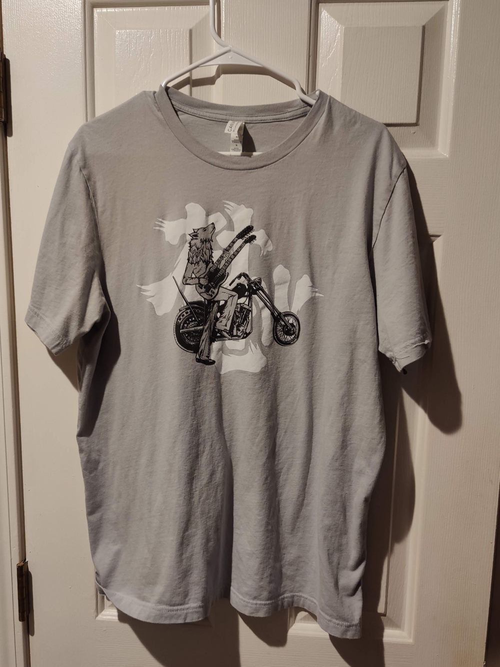 Bella Canvas Light Gray Graphic Tee with Wolf Guitar & Motorcycle Motif